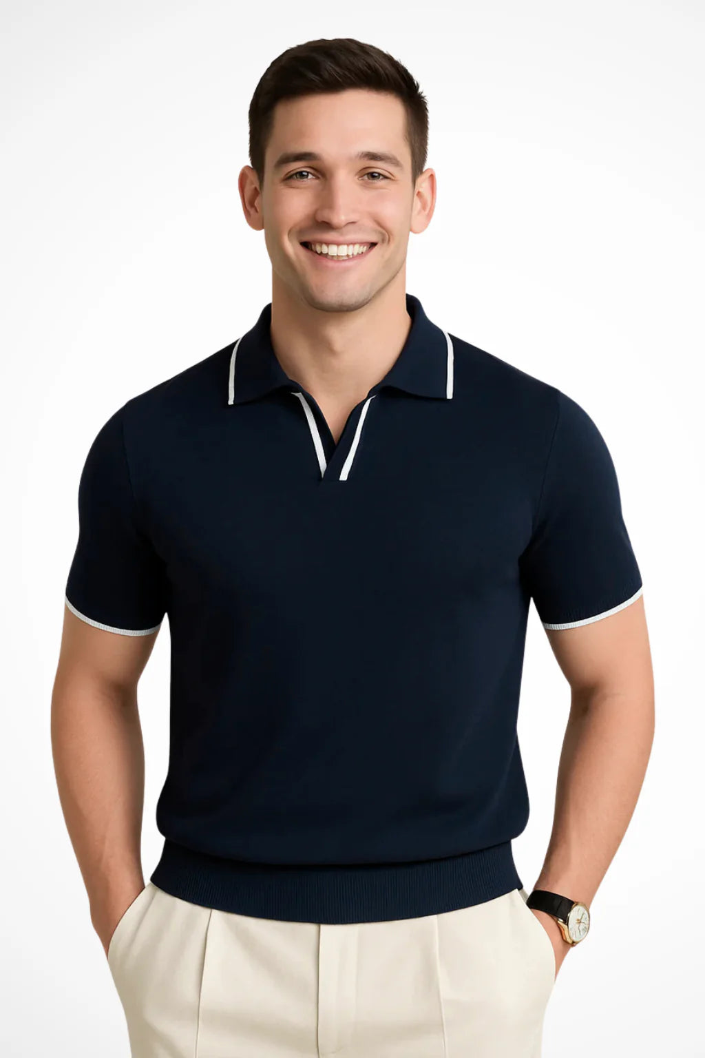 Men Slim Fit Knit Polo Shirt with Contrast Trim