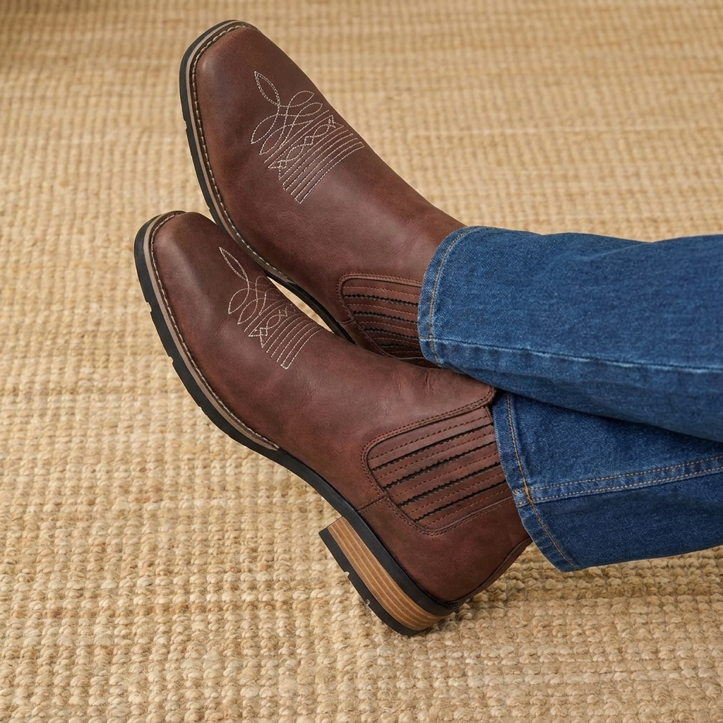 Brown Leather Ankle Boots for Men - White Accent Stylish Vintage Look for Casual Wear and Daily Comfort