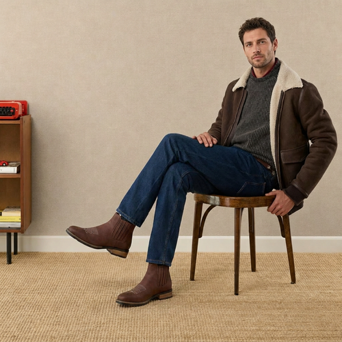 Brown Leather Ankle Boots for Men - White Accent Stylish Vintage Look for Casual Wear and Daily Comfort
