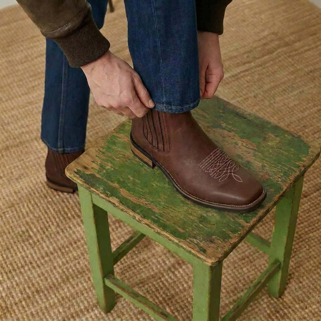 Brown Leather Ankle Boots for Men - White Accent Stylish Vintage Look for Casual Wear and Daily Comfort