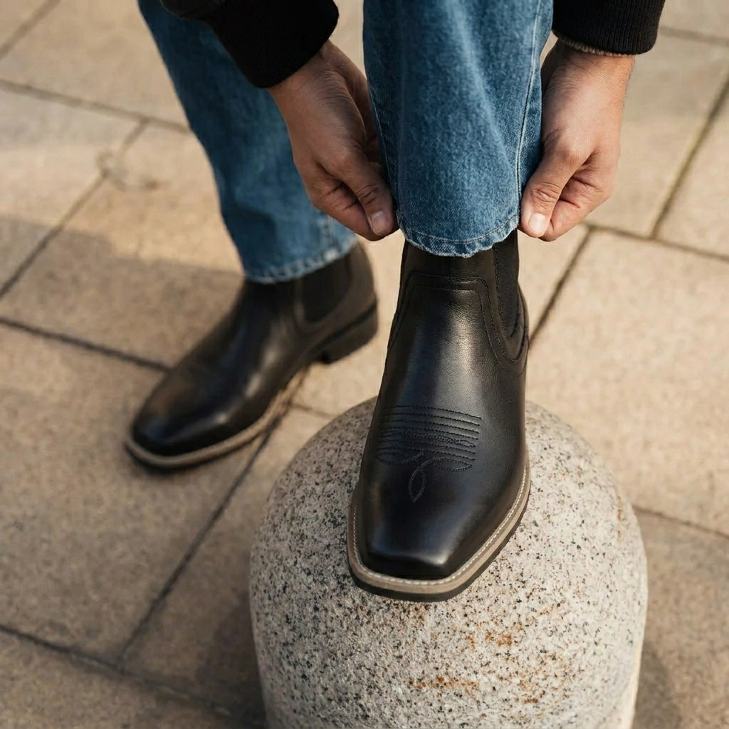Black Leather Chelsea Boots for Men - All Black Obsidian Leather Boots for Men