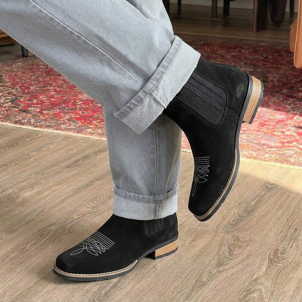 Black Leather Ankle Boots for Men - All Black with White Details and Minimal Design for Casual Streetwear and Everyday Wear