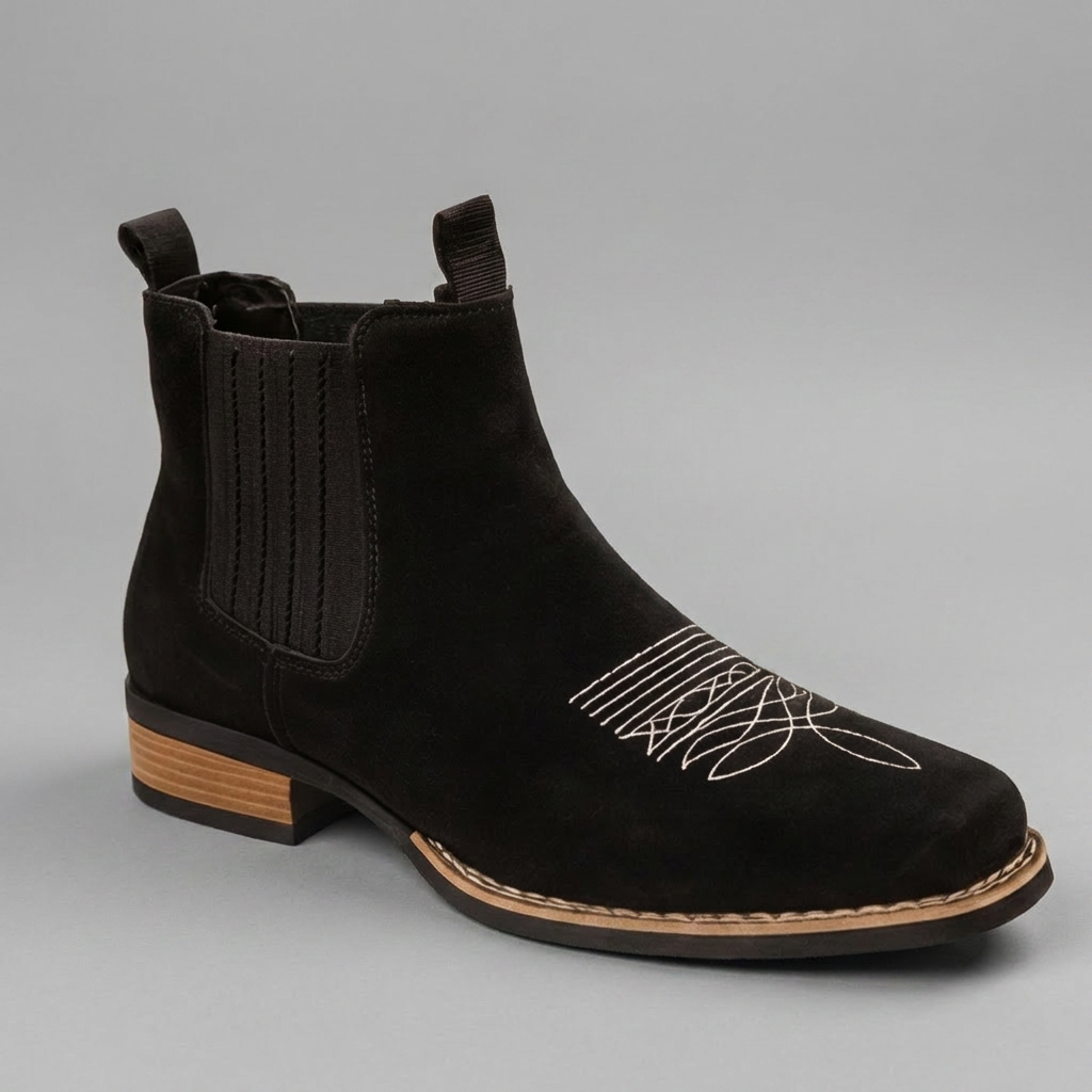 Black Leather Ankle Boots for Men - All Black with White Details and Minimal Design for Casual Streetwear and Everyday Wear