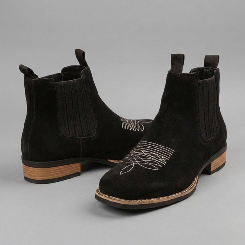 Black Leather Ankle Boots for Men - All Black with White Details and Minimal Design for Casual Streetwear and Everyday Wear