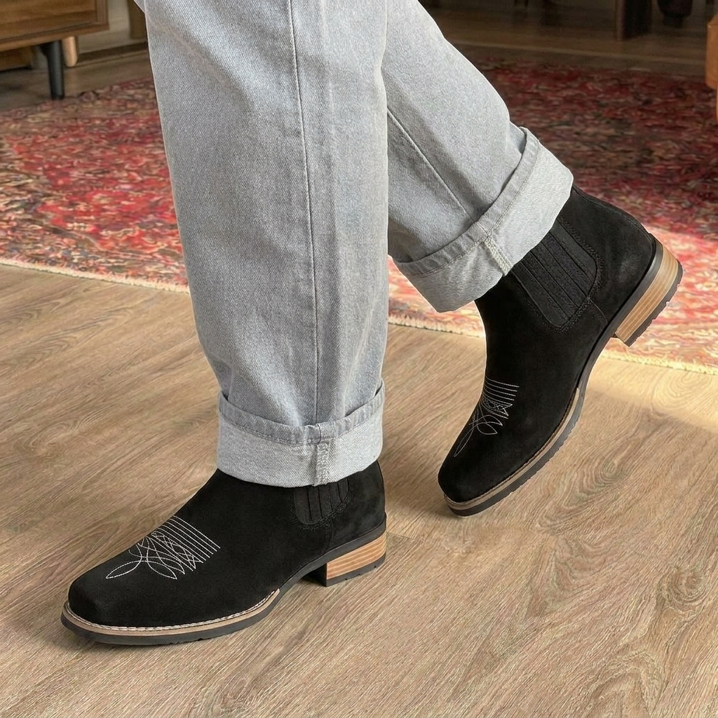 Black Leather Ankle Boots for Men - All Black with White Details and Minimal Design for Casual Streetwear and Everyday Wear