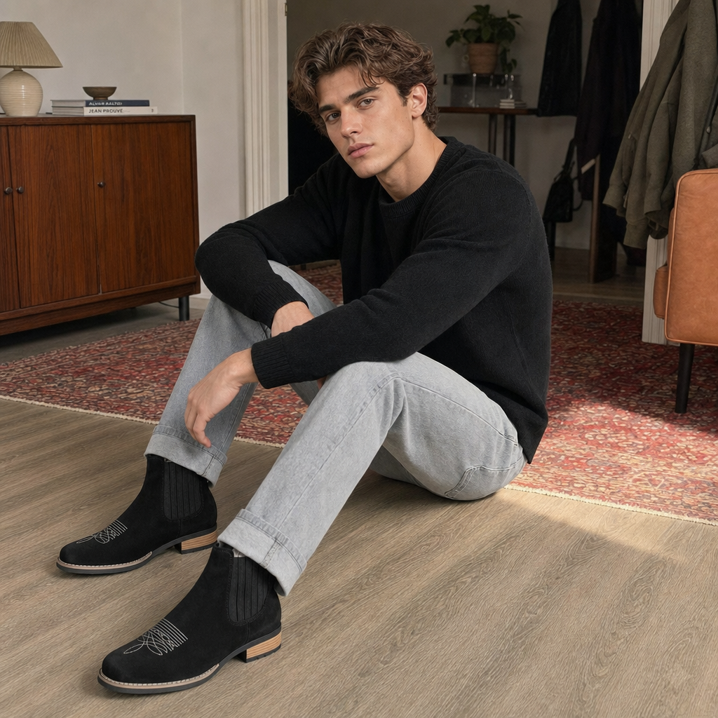 Black Leather Ankle Boots for Men - All Black with White Details and Minimal Design for Casual Streetwear and Everyday Wear