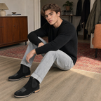 Black Leather Ankle Boots for Men - All Black with White Details and Minimal Design for Casual Streetwear and Everyday Wear