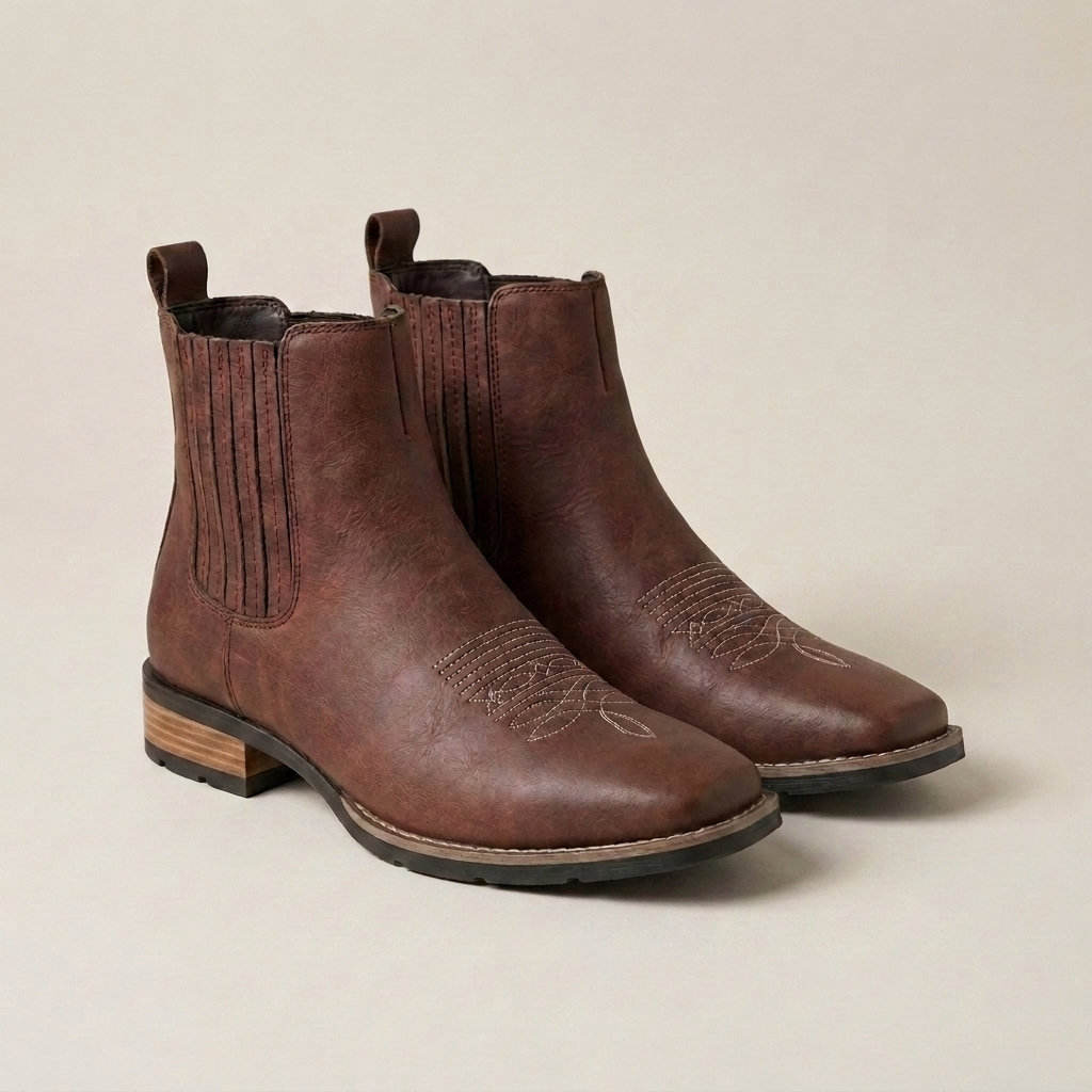 Brown Leather Ankle Boots for Men - White Accent Stylish Vintage Look for Casual Wear and Daily Comfort